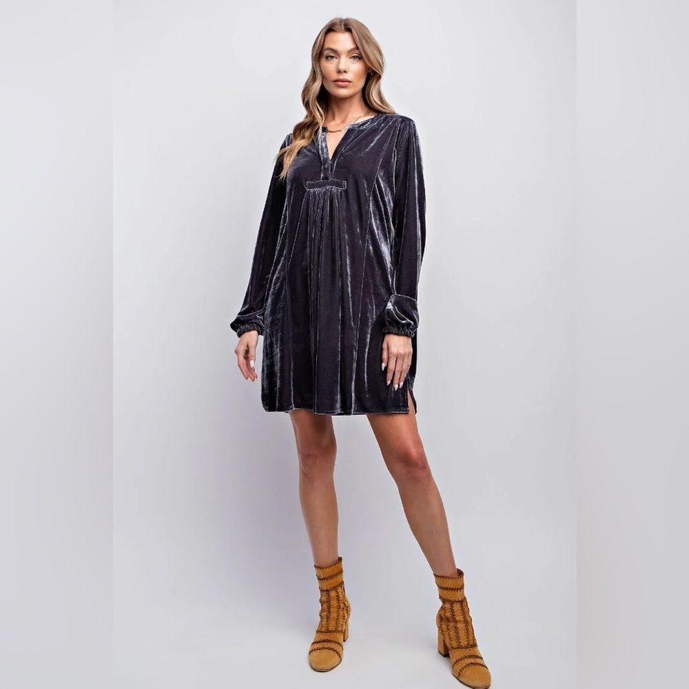 Loose Fit Soft Velvet Tunic Dress with Pockets in Blue Grey by Easel Boho 2X